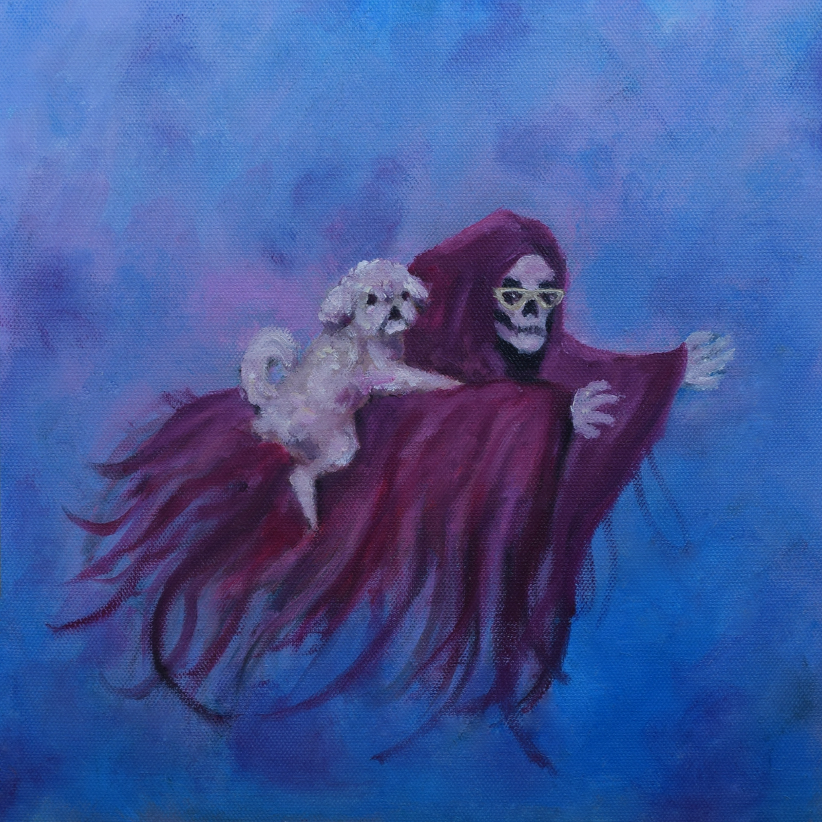 A painting featuring a figure in a hooded robe holding a small dog with a decorative collar. The figure appears to be floating against a blue and purple background.