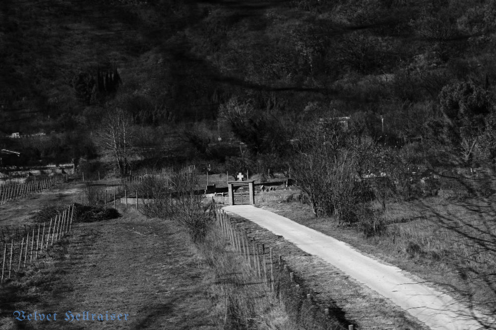 Black and white landscape photograph showing a narrow path leading through a rural field toward a gate, with fences, shrubs, and a dark hillside in the background. A small blue watermark reading 'Velvet Hellmiser' appears in the lower left corner.